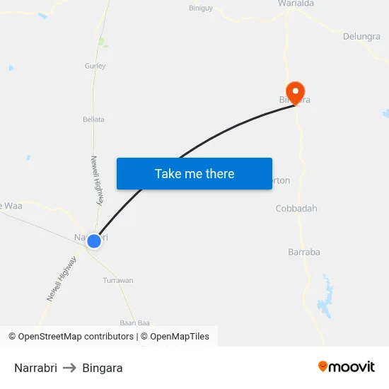 Narrabri to Bingara map