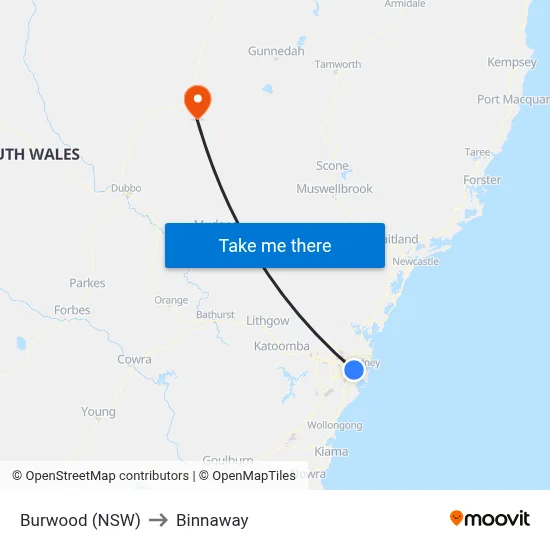 Burwood (NSW) to Binnaway map
