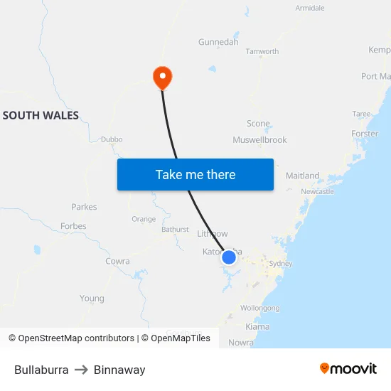 Bullaburra to Binnaway map