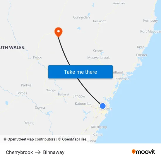 Cherrybrook to Binnaway map