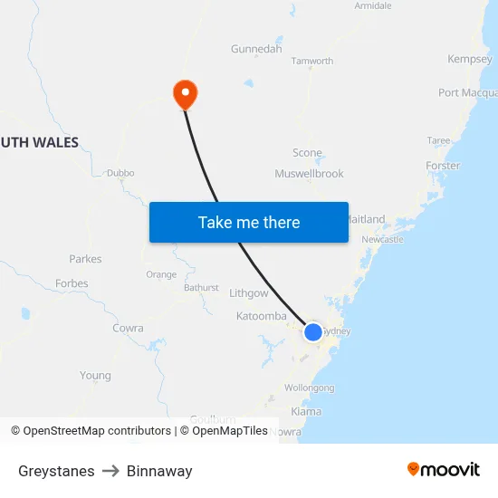 Greystanes to Binnaway map