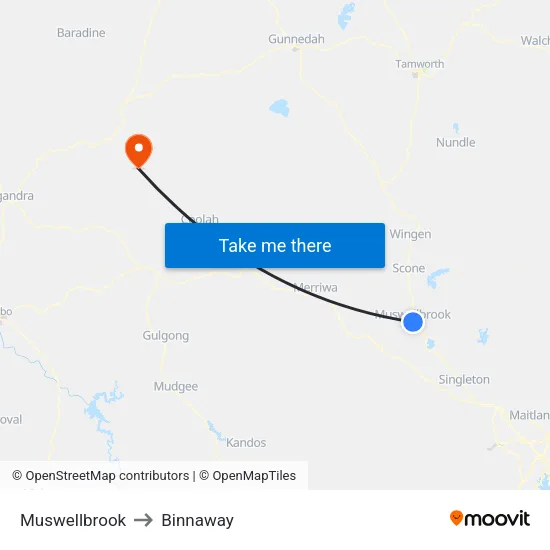 Muswellbrook to Binnaway map