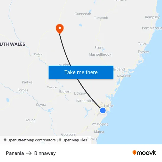 Panania to Binnaway map