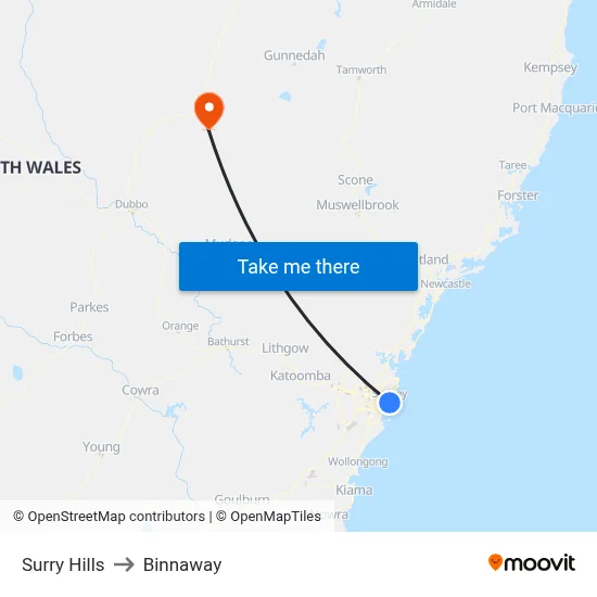 Surry Hills to Binnaway map
