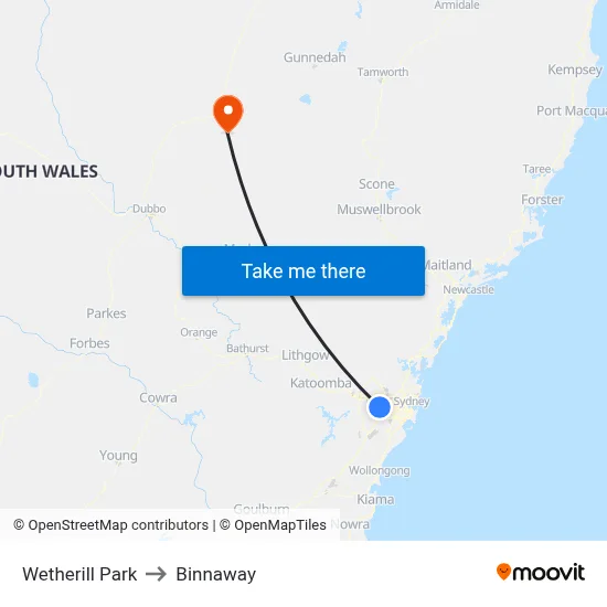Wetherill Park to Binnaway map