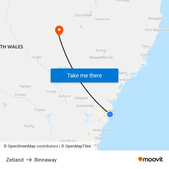 Zetland to Binnaway map