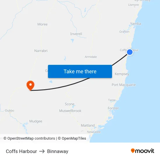 Coffs Harbour to Binnaway map
