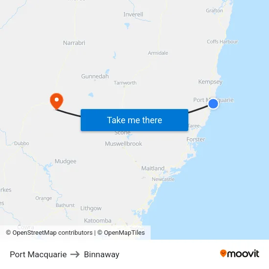 Port Macquarie to Binnaway map