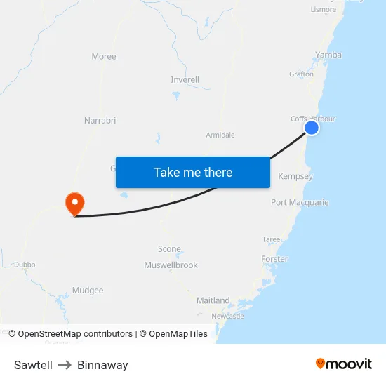 Sawtell to Binnaway map
