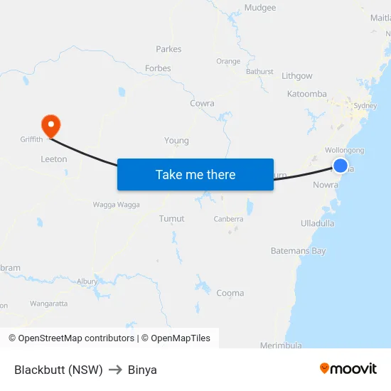 Blackbutt (NSW) to Binya map