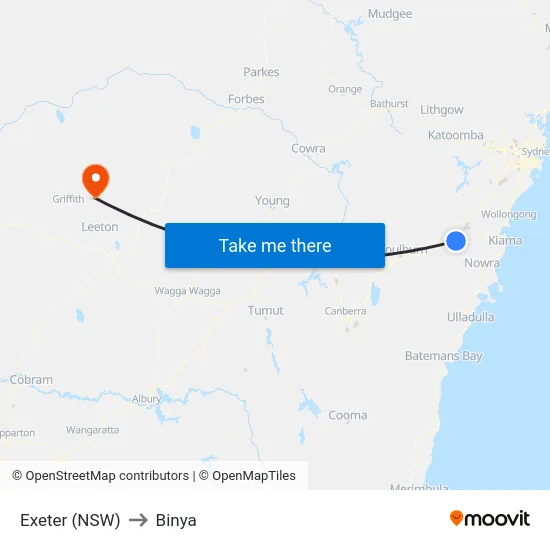 Exeter (NSW) to Binya map