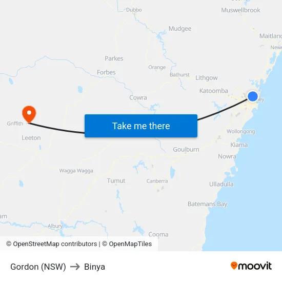 Gordon (NSW) to Binya map