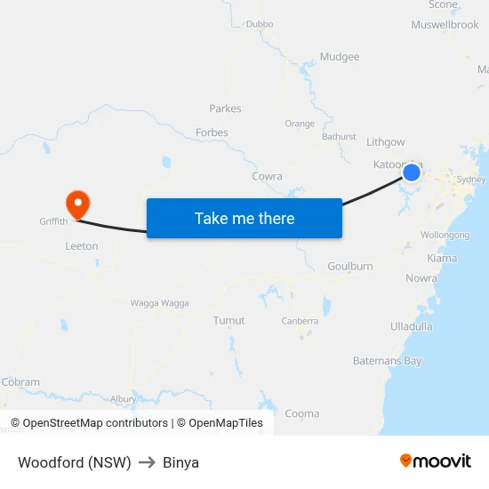Woodford (NSW) to Binya map
