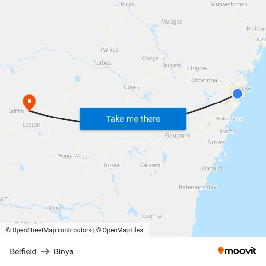 Belfield to Binya map