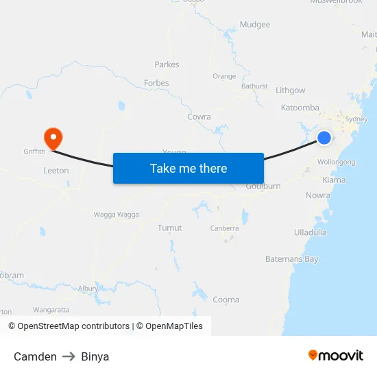 Camden to Binya map