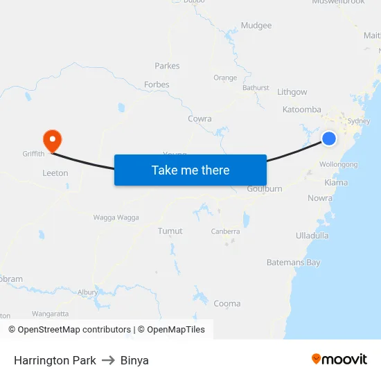 Harrington Park to Binya map