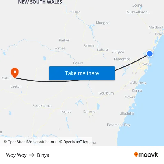 Woy Woy to Binya map