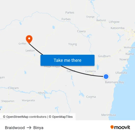 Braidwood to Binya map