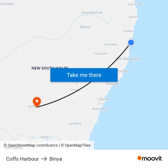 Coffs Harbour to Binya map
