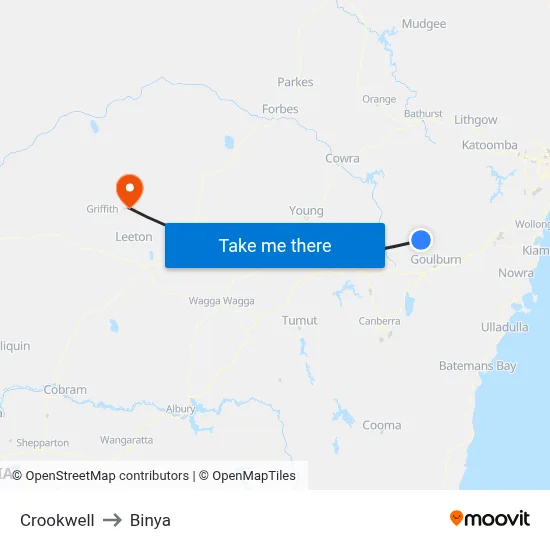 Crookwell to Binya map