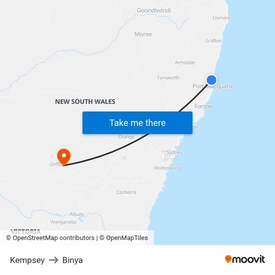 Kempsey to Binya map