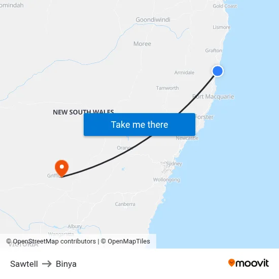 Sawtell to Binya map