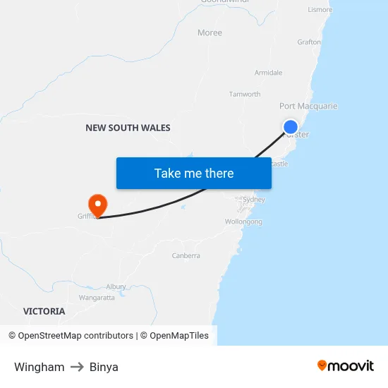 Wingham to Binya map
