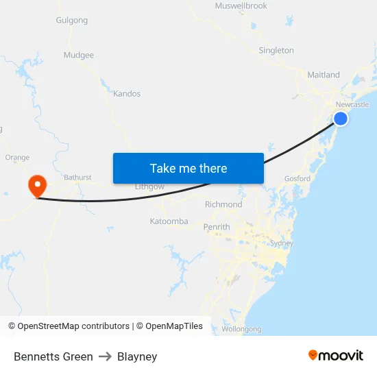 Bennetts Green to Blayney map