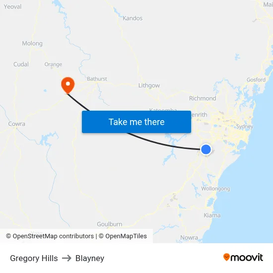 Gregory Hills to Blayney map
