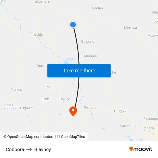 Cobbora to Blayney map