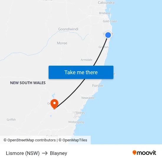 Lismore (NSW) to Blayney map