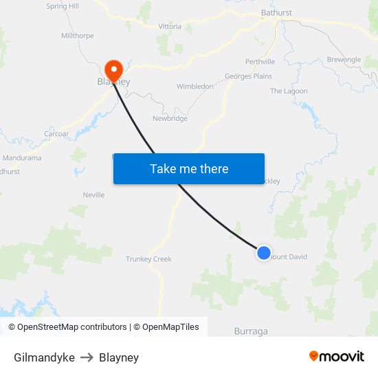 Gilmandyke to Blayney map