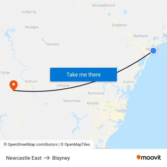 Newcastle East to Blayney map