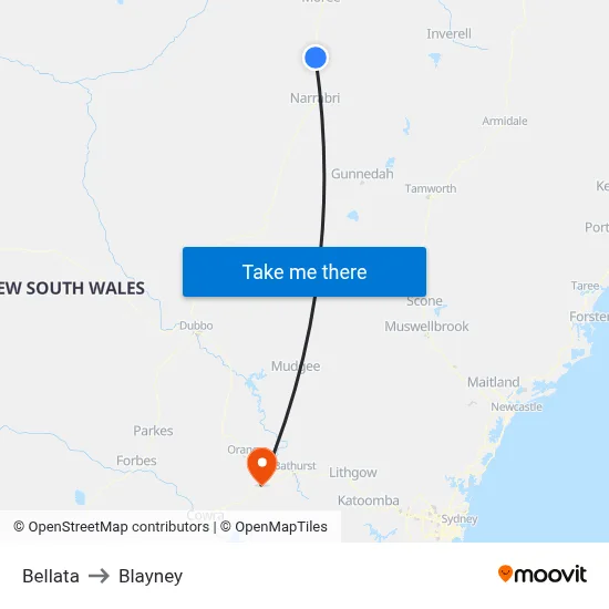 Bellata to Blayney map