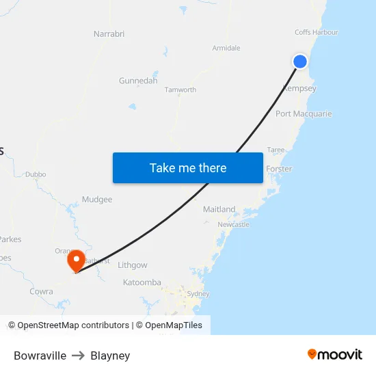 Bowraville to Blayney map