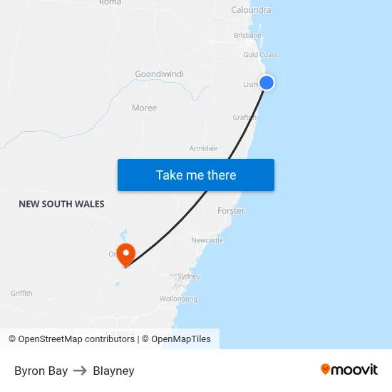 Byron Bay to Blayney map