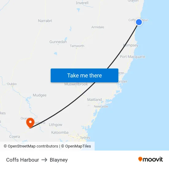 Coffs Harbour to Blayney map