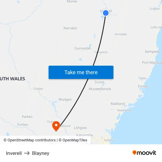 Inverell to Blayney map