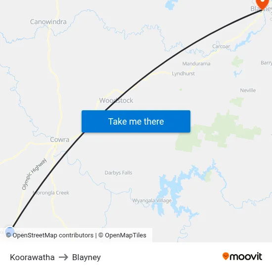 Koorawatha to Blayney map