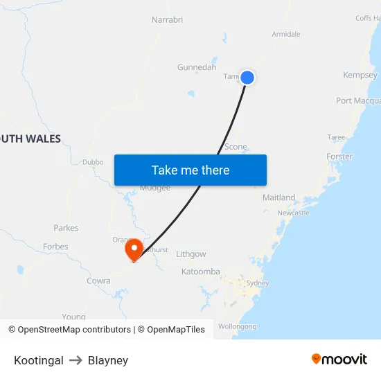 Kootingal to Blayney map