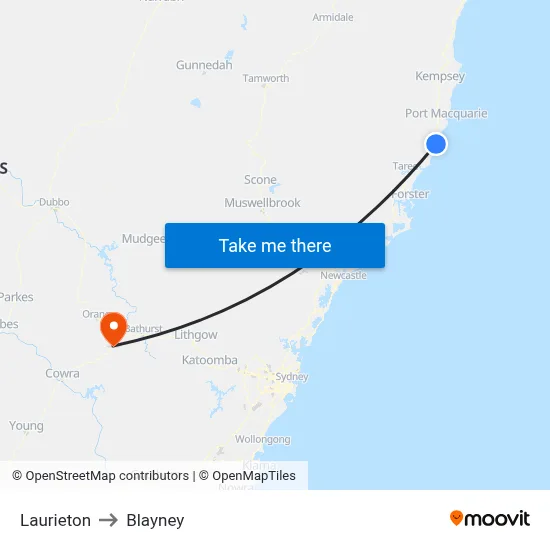 Laurieton to Blayney map