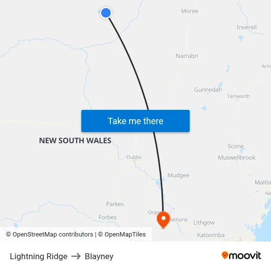 Lightning Ridge to Blayney map