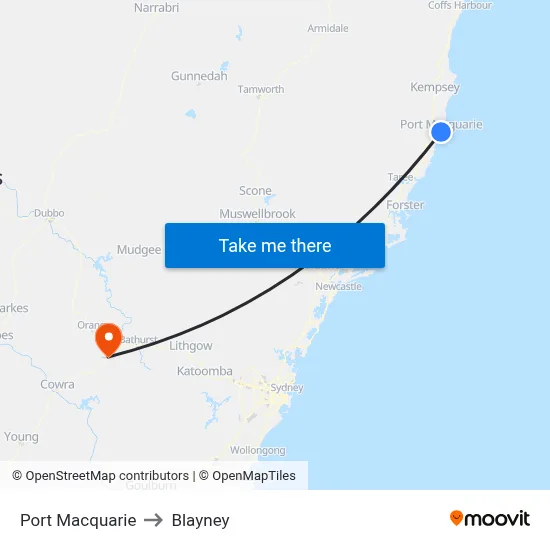 Port Macquarie to Blayney map