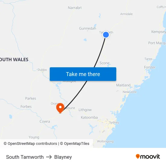 South Tamworth to Blayney map