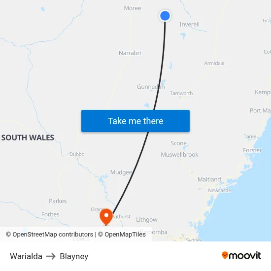 Warialda to Blayney map