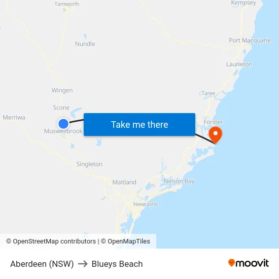 Aberdeen (NSW) to Blueys Beach map