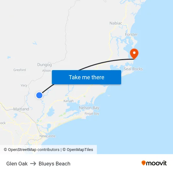 Glen Oak to Blueys Beach map