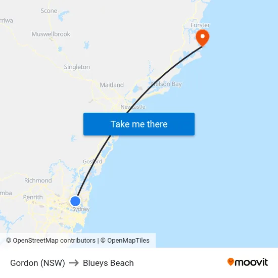 Gordon (NSW) to Blueys Beach map