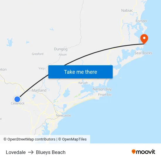 Lovedale to Blueys Beach map