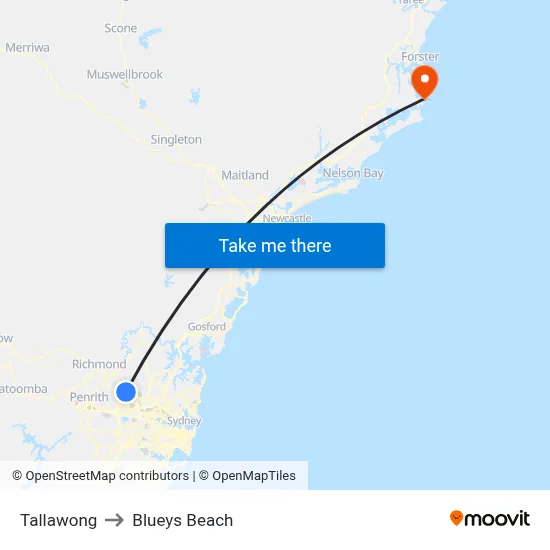 Tallawong to Blueys Beach map